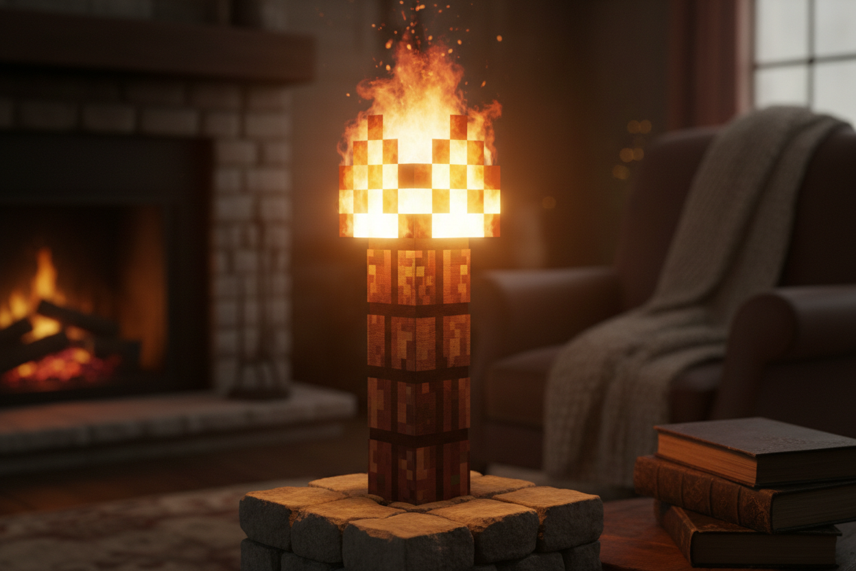 Antorcha de minecraft color normal del juego, con apesto realista, apariencia que de de comodidad para tenerla de decoracion